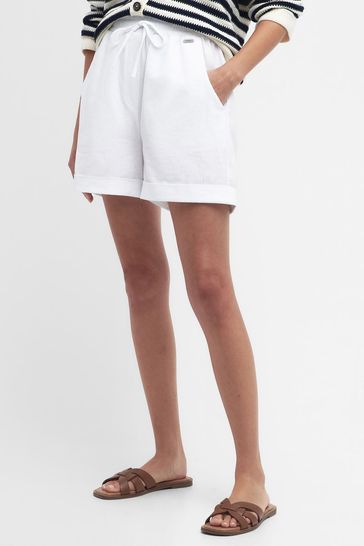 Barbour® White Elsden Drawcord Waist Shorts With Linen