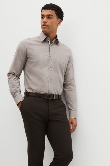 Neutral Brown Slim Fit Trimmed Formal Shirt