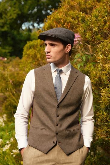 Taupe Brown Trimmed Check Suit Waistcoat