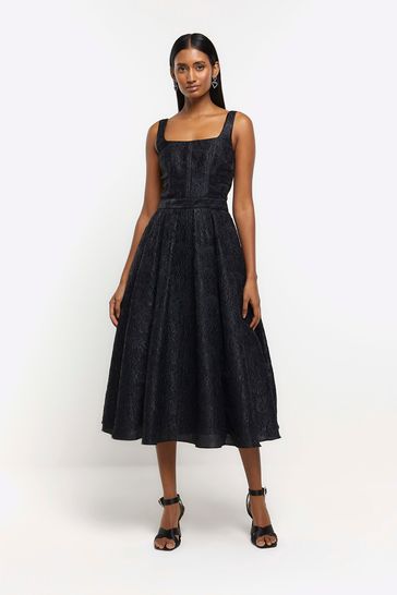 River Island Black Textured Midi Prom Dress