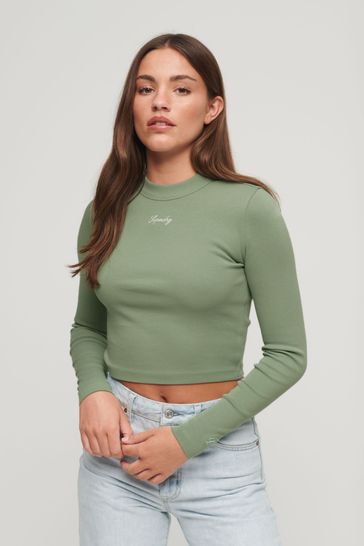 Superdry Light Green Rib Long Sleeve Fitted Top