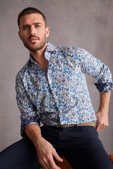 White/Blue Floral Signature Made With Italian Fabric Printed Shirt