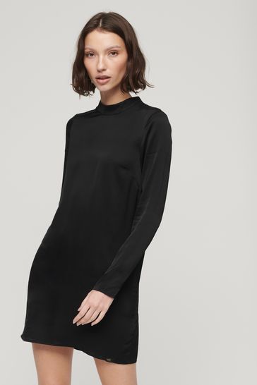 Superdry Black Satin Mock Neck Mini Dress