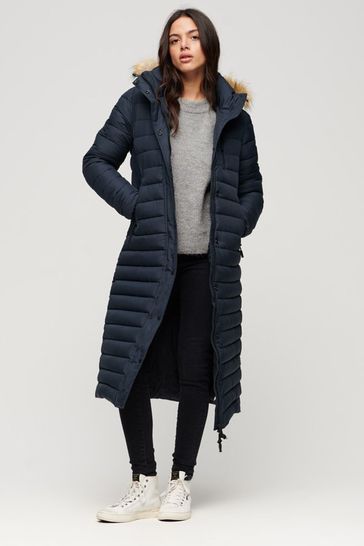 Superdry Blue Fuji Hooded Longline Puffer Coat