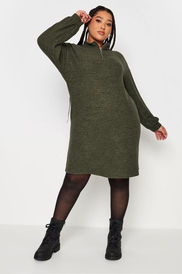 Yours Curve Green Light Soft Touch Zip Neck Jumper Dress