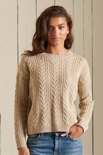 Superdry Nude Dropped Shoulder Cable Knit Crew Neck Jumper