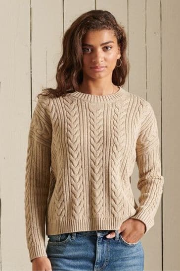 Buy Superdry Nude Dropped Shoulder Cable Knit Crew Neck Jumper