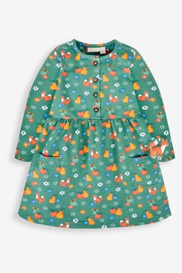 JoJo Maman Bébé Green Fox & Fruit Girls' Button Front Dress