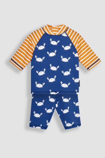 Traje de 2 pieza azul con protección solar UPF 50 y diseño de cangrejos de JoJo Maman Bébé