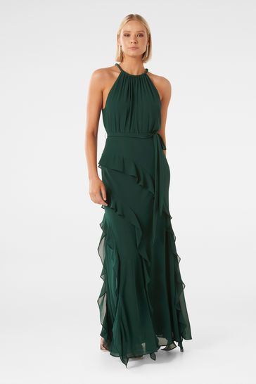 Forever New Green Bridie Halter Neck Ruffle Maxi Dress