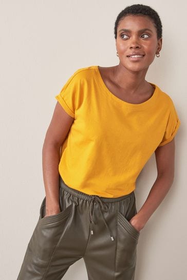 Ochre Yellow 100% Cotton Round Neck Cap Sleeve T-Shirt