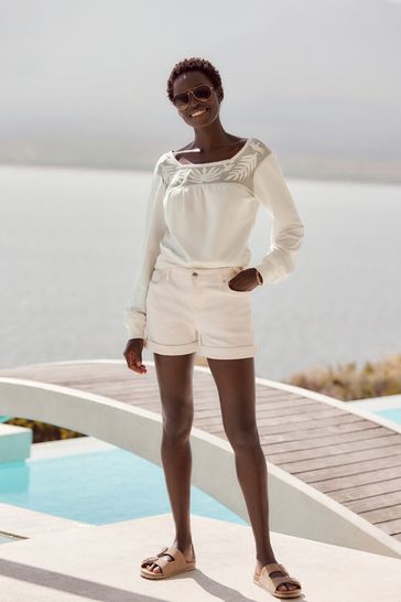 Buy Ecru White Lace Mesh Insert Square Neck Long Sleeve Top from Next Bahrain