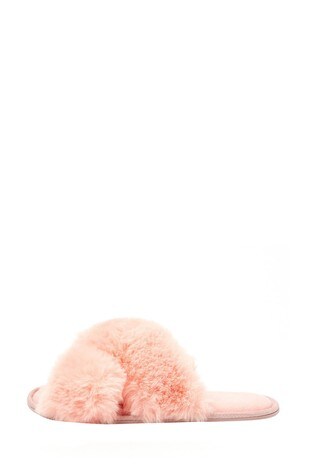 Oliver Bonas Pink Fur Cross-over Strap Slippers
