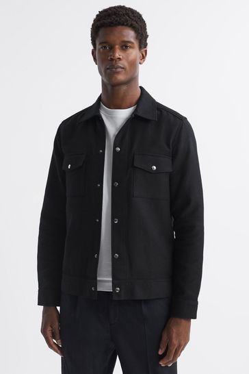 Reiss Black Chez Textured Cotton Twin Pocket Overshirt