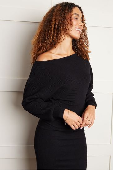 Buy Threadbare Black Slash Neck Knitted Midi Dress from Next USA