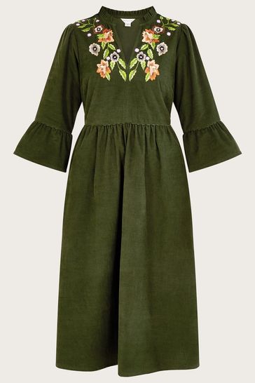 Monsoon Green Embroidered Floral Cord Dress