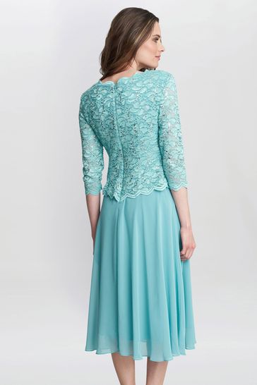 Gina Bacconi Blue Rona Midi Dress With Lace Bodice Chiffon Skirt