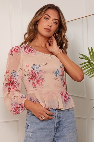 Chi Chi London Pink Long Sleeve One-Shoulder Floral Top