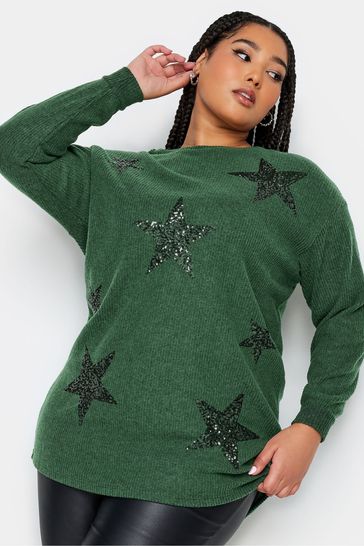 Yours Curve Green Soft Touch Sequin Star Top