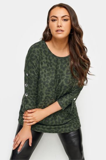Yours Curve Green Long Sleeve Button Soft Touch Top