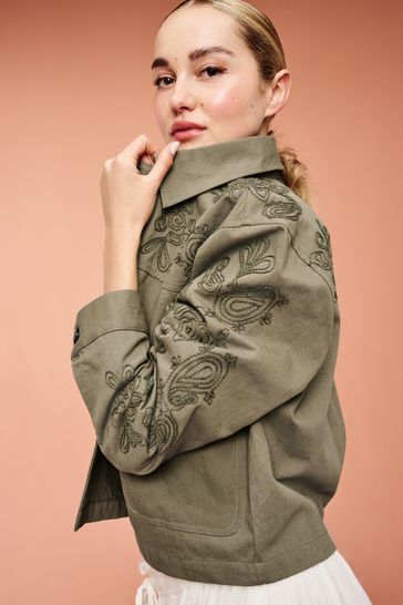 Buy Khaki Green Embroidered Cotton Jacket from Next Bahrain