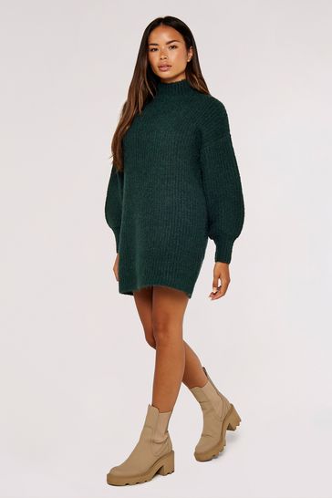 Apricot Chunky Knit Puff Sleeve Jumper Dress