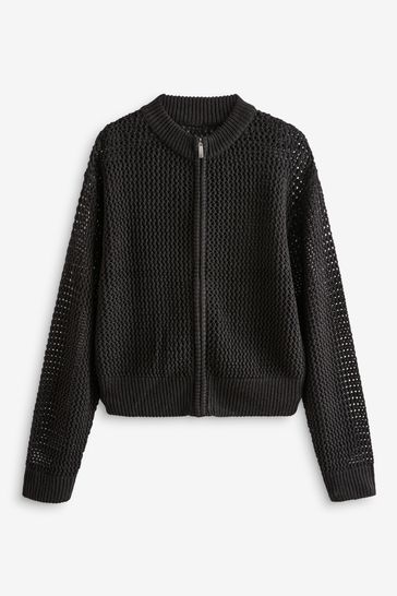 Buy Black Mesh Stitch Knitted Bomber Cardigan from Next Bahrain