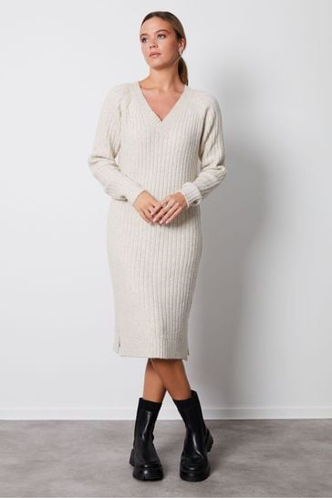 Threadbare White V-Neck Knitted Midi Dress