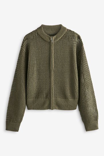 Buy Khaki Green Mesh Stitch Knitted Bomber Cardigan from Next Bahrain