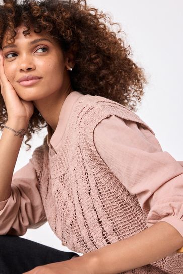 Blush Pink 2 in 1 100 Cotton Open Stitch Knitted Tank and Shirt Layer Jumper