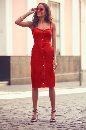 Red button through dress discount