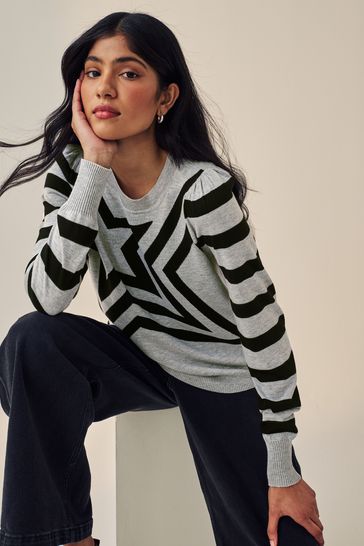 Buy Grey Black Star Crew Neck Long Sleeve Pattern Knitted Jumper from Next Bahrain