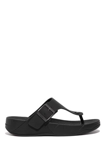 FitFlop Mens Black Trakk Li Buckle Leather Toe-Post Sandals