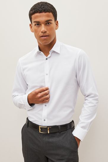 White Slim Fit Trimmed Easy Care Double Cuff Shirt