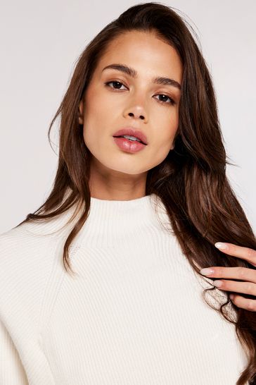 Apricot White Ribbed Panel Mock Neck Jumper