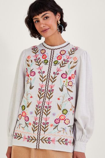 Monsoon Grey Josie Floral Embroidered Top