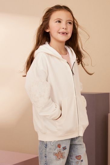White Broderie Zip Through Hoodie 3 16yrs