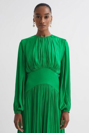 Green silk on sale pleated dress