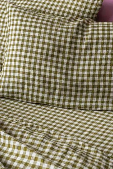 Piglet in Bed Botanical Green Gingham Linen Fitted Sheet