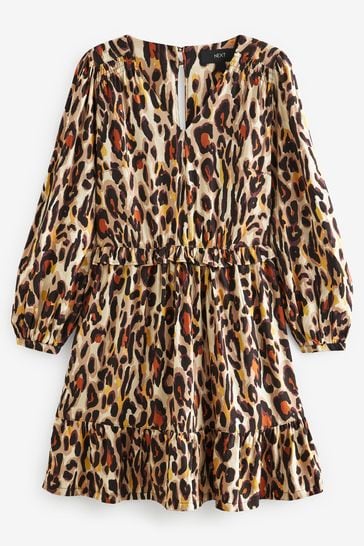 Animal Print Long Sleeve Mini V-Neck Dress