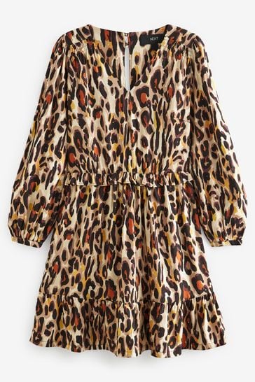 Animal Print Long Sleeve Mini V-Neck Dress