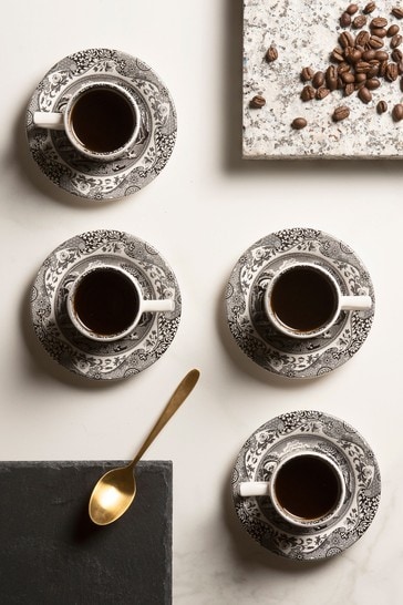 Set of 4 Black Spode Black Italian Espresso Cup & Saucers
