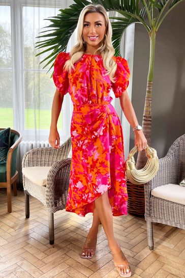 AX Paris Orange Floral Printed Short Puff Sleeve Gathered Side Midi Dress