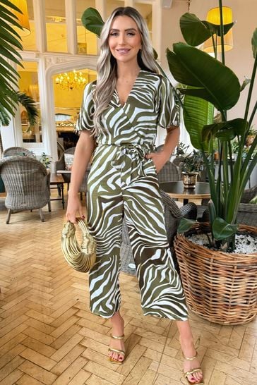 Printed Butterfly Sleeve Belted Jumpsuit