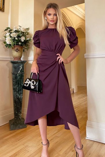 AX Paris Purple Plum Short Puff Sleeve Gathered Side Midi Dress