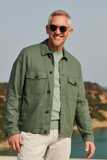 Sage Green Linen Blend Trucker Jacket