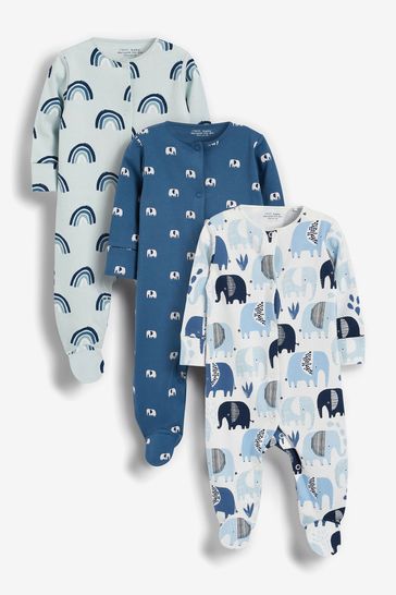 Blue Elephants 3 Pack Baby Sleepsuits (0-2yrs)