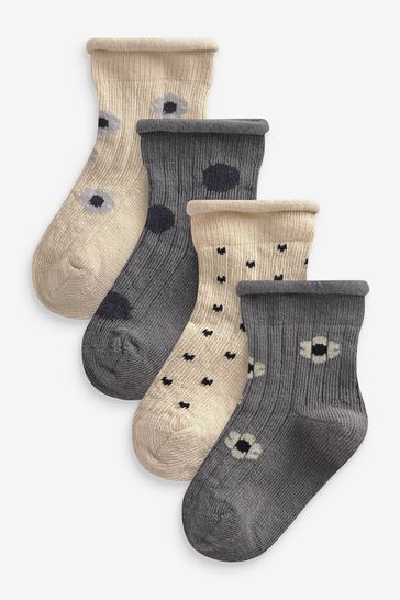 Grey White Flower Baby Socks 4 Packs (0mths-2yrs)