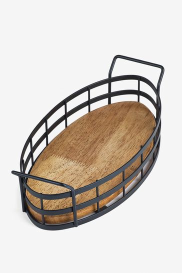 Round wood and metal tray store