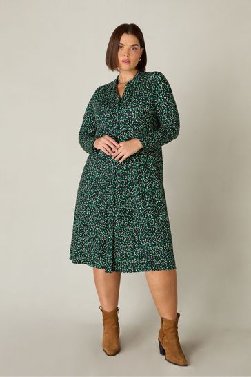 Live Unlimited Curve Green Spot Print Jersey Relaxed Shirt Dress